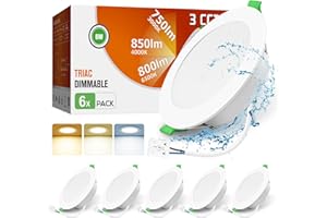 ALUSSO Downlight LED Techo Empotrable Regulable, 8W 850LM IP44 Focos LED Interior Techo Empotrado 3000K 4000K 6500K Ajustable, Corte 75-85mm, 6 Pack