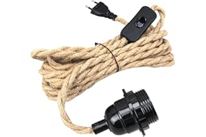 QOOLOO Lustre Corde de Chanvre Câble 4.5m, Douille E27 Interrupteur avec Fil Cable Ampoule, DIY Suspension Luminaire Lampe Créative Lumière Pendante Industrielle, pour Maison, Chambre, Bar