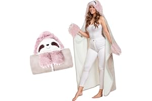 LOMUG Różowy leniwiec, prezent urodzinowy dla kobiet, przenośny koc z rękawami, koc na sofę, przytulny koc, z kreskówki, dla kobiet, mężczyzn, miłośników zwierząt, do domu, na podróż, 152 x 125 cm