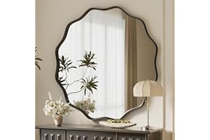 Koonmi Wavy Edge Large Round Mirror, 90cm Wall Mirror with Textured Round Metal Frame, be Hung or Placed against the Wall, suitable for Bathroom, Corridor, Entrance, Living Room, Black