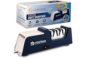 BY CHEF GRACE CHEF'S PRECISION, CRAFTED WITH VISION Three Stage Diamond Electric Knife Sharpener with 100% Diamond Abrasives. 15° Precision Angle Guides with 350 Grit, 600 Grit and 1000 grit for a Professional Sharpening and polishing.