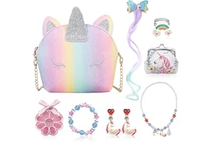 GLGHMH 8pcs Unicorn Bag Jewellery Gift, Unicorn Crossbody Bag Necklace Rings Earrings Bracelet Wig, Unicorn Jewelry Party Favors for Girls Toddler Kids