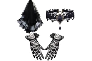 QXCFTW 3PCS Set Gothic Black Mesh Mantilla Veil with Lace Gloves & Choker - for Funeral, Alternative Bridal, Cosplay & Gothic Events
