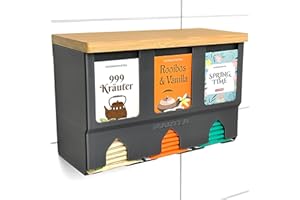 MARTEA Teeregal Wand Teebeutelspender hängend Tee Aufbewahrung schwarz/weiß/grau Küchen Organizer (grau, Holzdeckel, inklusive Fachverkleinerung)