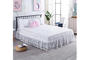 Surwin Pleated Bed Valance Sheet Single Double King Size Lace Embroidery Bed Base Wrap Extra Deep Frilled Fitted Valance Sheet Easy Care Bed Skirt Soft Breathable (White,150x200x40cm)