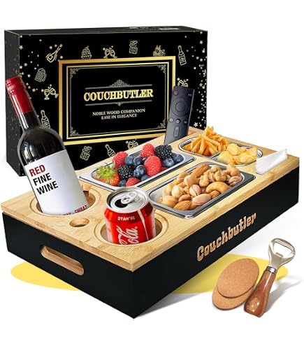 Couchbar Snackbox Aus Holz – Mit 2 Edelstahl-Schalen & Getränkehaltern, Sofa-Tablett Für Wohnzimmer & Wohnmobil