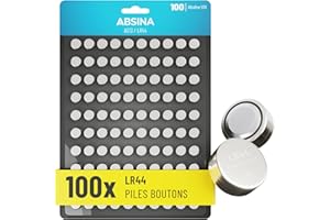ABSINA 100x Pile LR44 AG13-1,5V Alcaline étanche & Longue durée - LR1154 / L1154 / L1154F / G13 / G13A / 13GA / 157 / V13GA / PX76A / RW82 - Piles lr44 Pile Bouton, Pile AG13, Pile A76, Pile LR 44