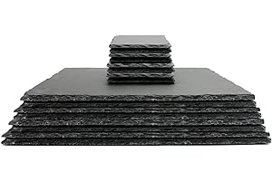 MAISON & WHITE Slate Placemats & Coasters Set 16-Piece – 8 Rectangular Table Mats + 8 Drinks Coasters with Non-Slip Feet | Heat-Resistant Rustic Dining Table Protectors | M&W