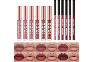 ‎BEAUTY GLAZED 12pcs Lippenstift-Make-up-Set, 6pcs samtige, matte, flüssige Lippenstifte + 6pcs Lipliner Bleistift, wasserdichtes, langlebiges Lipgloss-Kit Lippen-Make-up-Geschenkset (12PCS)