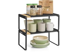 SONGMICS HOME Set di 2 Scaffali Portaspezie, Estensibili, Organizzatore da Cucina, Scaffale da Cucina, Impilabile, Organizzatore da Tavolo, Scarpiera, Beige Naturale e Nero Inchiostro KCS051B01