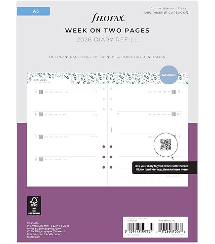 Filofax Mini 2026 Diary Refill - Week-Per-Page, English, 67x105mm, Fits Mini Binders