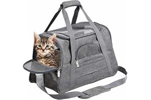 Bibykivn Transporttasche Katze und Hunde, Faltkatzen mit Tragetasche, Abnehmbares Fleece Pad und Atmungsaktives Netz für Hunde und Katzen für Reisen im Flugzeug, Auto oder Zug (Grau, M)