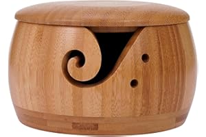 NIKTULE Wooden Yarn Bowl, Yarn Storage, Knitting Wool Holder, Round Basket with Lid & 2 Holes, Handmade Craft Set, Crochet Set Organiser, for Mother's Day, Yarn Holder, Crochet Organiser, Wood Knitting Bowl