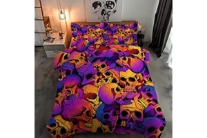 BlessLiving Skull Bedding Set Double Size 3 Piece Duvet Cover Set with Zipper Closure,Ties 3D Vintage Skull Printed Pattern Halloween Bed Set Purple Orange and Blue