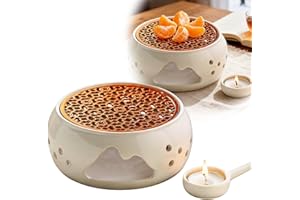 GOMETY Chauffe-théière en céramique et porcelaine avec photophore et tapis de cuisson, chauffe-théière creux sculpté pour conserver la chaleur du thé, du lait, du café (blanc)