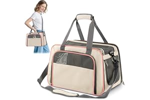 ALLSOPETS Transportín Perro y Gato Plegable, Bolsa Transpirable con Cojín Extraíble, Transportín Homologado Cabina Avión para Coche, Tren, Veterinario (Beige)
