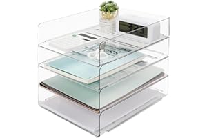 Aevcvok 4 Bandejas Oficina Apilables, Transparente Pet Bandeja Escritorio, Bandejas Plastico, Bandeja Portadocumentos, Organizador para Documentos, Folios, Papeles, Material de Oficina
