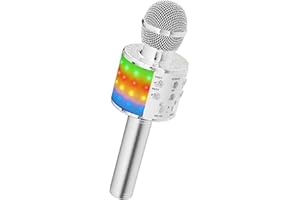 Ankuka bezprzewodowy mikrofon do karaoke, bluetooth, 4 w 1, przenośny, odtwarzacz karaoke ze światełkami LED do tańca, świętowania, śpiewania, pomysł na prezent dla dzieci i dorosłych (kolor srebrny)