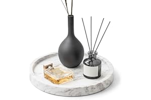 WORHE Natural Marble Decorative Tray for Bathroom Bedroom Kitchen Dresser, Round Vanity Trays for Jewelry, Perfume, Cosmetic, Candle, Countertop Storage Organizer for Home Decor Color White TP601