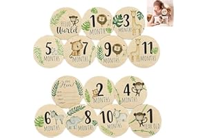 BBBORVOX Baby Milestone Cards 14pcs Milestone Baby Cards Wooden Newborn Welcome Sign Round,Double Sided Baby Monthly Milestone Cards Festival Milestone Cards Growth Photo Props Welcome Baby