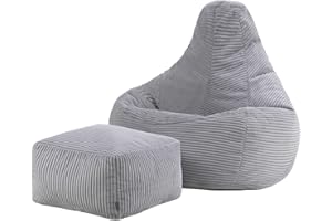 ‎ICON Icon Dalton Sitzsack mit Hocker Cord, Grau, Gaming Sitzsack Erwachsene mit Füllung, Bean Bag, Cord Sessel, Lounge Sessel, Lounge Stuhl, Schlafzimmer, Wohnzimmer, Wohnzimmer Möbel