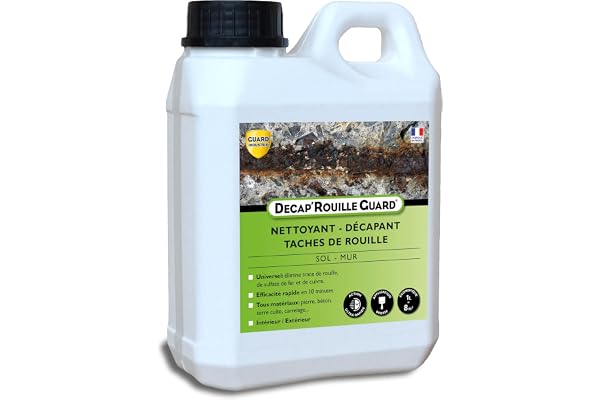 Guard Industrie - Decap'Rouille Guard - 1L traite 8m2 - Décapant Rouille Express –Agit en 10 Minutes– Pierre, Carrelage, Tomette, Béton – Elimine Sulfate de Fer, Cuivre-Sol Mur