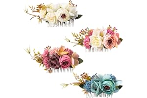 Cinaci 4 Pack Artificial Flower Metal Hair Side Combs Slides Clips Floral Wedding Bridal Headpieces Hairpins Barrettes Bun Chignon Hair Accessories for Women Flower Girls Brides Bridesmaids