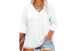 Fisoew Damska koszulka z długim rękawem 3/4, z dekoltem w serek, górna część z guzikiem, oversize, krótki rękaw
