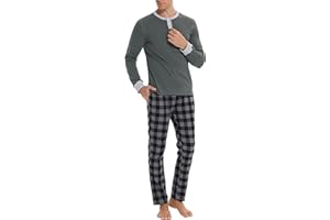 Bresdk Pijama Hombre Invierno Algodon Manga Larga Ropa de Dormir Rayas Pijamas Largos Cuello en V Dos Piezas