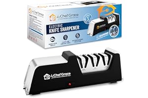BY CHEF GRACE CHEF'S PRECISION, CRAFTED WITH VISION Three Stage Diamond Electric Knife Sharpener with 100% Diamond Abrasives. 15° Precision Angle Guides with 350 Grit, 600 Grit and 1000 grit for a Professional Sharpening and polishing