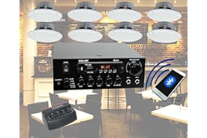Digitalis Audio Cafe Restaurant Bluetooth Amplifier and 8 Waterproof Ceiling Speaker System (8 Speaker Set with Zone Switch and 100m Cable)