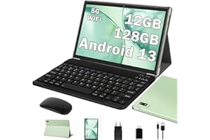 Oangcc Tablet 10 Pollici Android 13 OS Tablets con 5G WiFi, 12GB+128GB(TF 512GB/1TB), Octa-Core, Processore 2.0 GHz, 8000mAh, Schermo Widget, Controllo Parentale, Tablet con Tastiera+Mouse - Verde