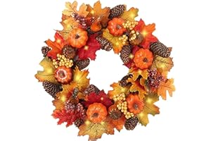 IMOPUITI Autumn Wreaths with LED Light 40cm/15.7in Halloween Wreath with Pumpkin Berry Pine Cone Maple Leaves for Halloween Thanksgiving Autumn Front Door Decoration (2025 Upgrade)