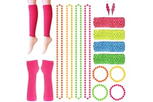 FEPITO 16 Stück Damen 80er Jahre Outfit Kostüm Zubehör Set Spitze Stirnband Ohrringe Fischnetz Handschuhe Beinwärmer Halskette Armband Erwachsene Tutu Rock