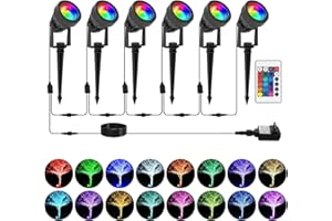 T-SUNUS RGB Garden Spotlights Mains Powered, 6-in-1 16 RGB Colors 4 Lighting Modes Landscape Lights 12V/24V Garden Light with Ground Spike IP65 Waterproof Outdoor Pathway Lighting Yard Lawn