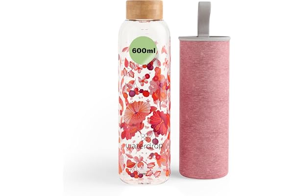 waterdrop® Bouteille en Verre 600ml – Gourde Réutilisable en Verre Borosilicate avec Bouchon Bambou et Housse, Sans BPA, Étanche, Idéale pour Maison, Bureau, Sport, Voyage
