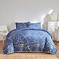 HAVOP King Size Blue Quilted Bedspreads - Gold Marble Printed Luxury Soft Microfiber Coverlet All Season Bedding Set