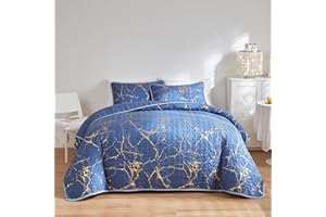 HAVOP Luxury Soft Microfiber Bedspreads & Coverlets Set - Double Size Blue Quilted Bedspreads with Gold Marble Print, Teal Blue All Season Bedding Set