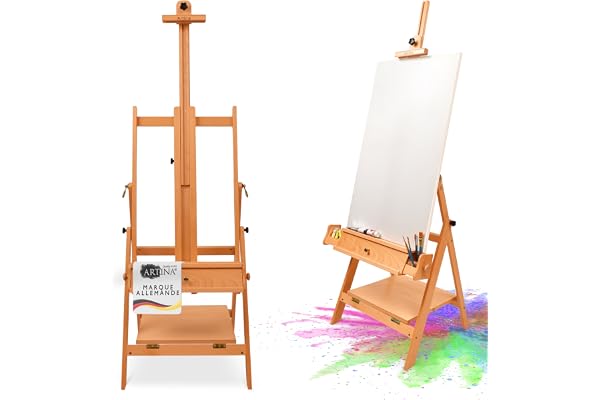 Artina chevalet de studio Napoli – Chevalet en bois reglable pour les châssis jusqu’à 150 cm – Chevalet pliable en bois de hêtre – Support de toile avec stockage pour artistes débutants et avancés