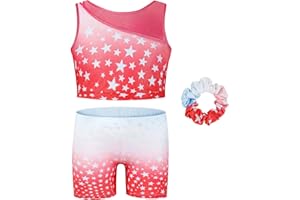 Gogokids Girls' Three-Piece Gymnastics Split Set, Sleeveless Leotards with Shorts and Hairband, Girls Athletic Unitards - Gymnastics Outfit with Gradient Colors Design for 3-12 Years