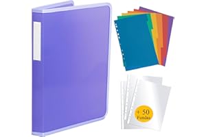 QE'MONO Archivador 4 anillas plastico incluye 50 fundas de plastico a4 y 10 separadores. Carpeta archivadora liviana y resistente. Archivador de tapa semirrígida. Carpeta para fundas y folios (Lila)