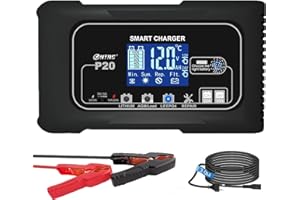 SolaMr Cargador de Batería de Coche 20A, Mantenedor Automático de Baterías de 12V y 24V con Reacondicionamiento por Pulsos para Camiones, Motocicletas, Baterías Marinas de Litio y Plomo - P20