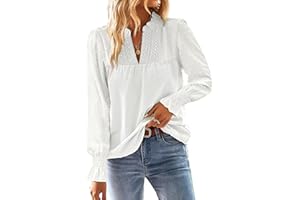 TUUHAW Langarmshirt Damen Herbst Boho Top Oberteile Fließend Elegant V-Ausschnitt T Shirt Süß Lässig Outfits Frühling Winter Longshirt Spitze Kleidung Paspel Volant