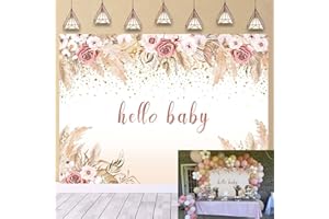 TENCOW Toile de fond Hello Baby pour fête prénatale, fleurs roses bohèmes pour photographie de filles, décoration de gâteau de fête, décoration de table pour cabine photo (2,1 x 1,5 m)