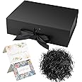 Christmas Luxury black gift box with ribbon, premium magnetic lid, large rectangular design. Ideal for birthdays and special occasions, includes shredded paper and cards for presentation.