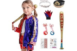 Harsever Déguisement Quinn Costume Harley, Deguisement Halloween Enfant Femme Quinn Costume avec Veste T-Shirt Short Ceinture Gants Deguisement Harley pour Halloween Carnaval