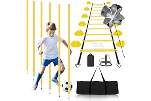 BJNCDIO Slalomstangen Fussball Trainingszubehör mit 6 Slalom Poles, Koordinationsleiter 6m, 12 Hütchen, Springseil und Resistance Fallschirm, Fußball Trainingsset für Koordinationstraining