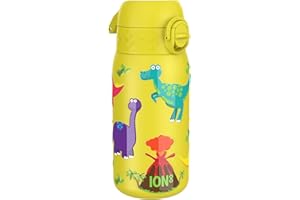 ION8 Butelka na Wodę dla Dzieci ze Lekki Stali, 400 ml/13 oz, Nieocieplany, Szczelna, Łatwa do Otwarcia, Bezpieczny Zamek, Można Myć w Zmywarce, Składany Uchwyt, Łatwa w Czyszczeniu, Dinozaury