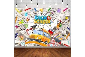 AIBIIN 7x5ft Welcome Back to School Backdrop for Kids First Day of Kindergarten Party Decorations Broken Wall Classroom Pencil School Bus Teacher Student Photography Background Banner Photo Props