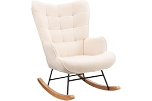 TIMORWTF Sillón mecedora Beige, Rocking Chair, Sillón de Lactancia, Silla de Terciopelo Teddy con patas de madera maciza, para sala de estar, dormitorio, balcón (Beige)